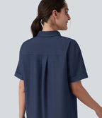 Robe casual mi-longue col manches courtes ourlet courbe avec poches
