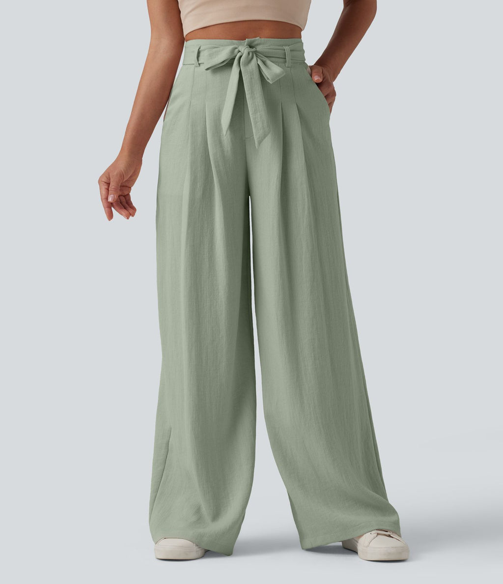 Pantalon casual ample taille haute aspect lin avec ceinture et poches