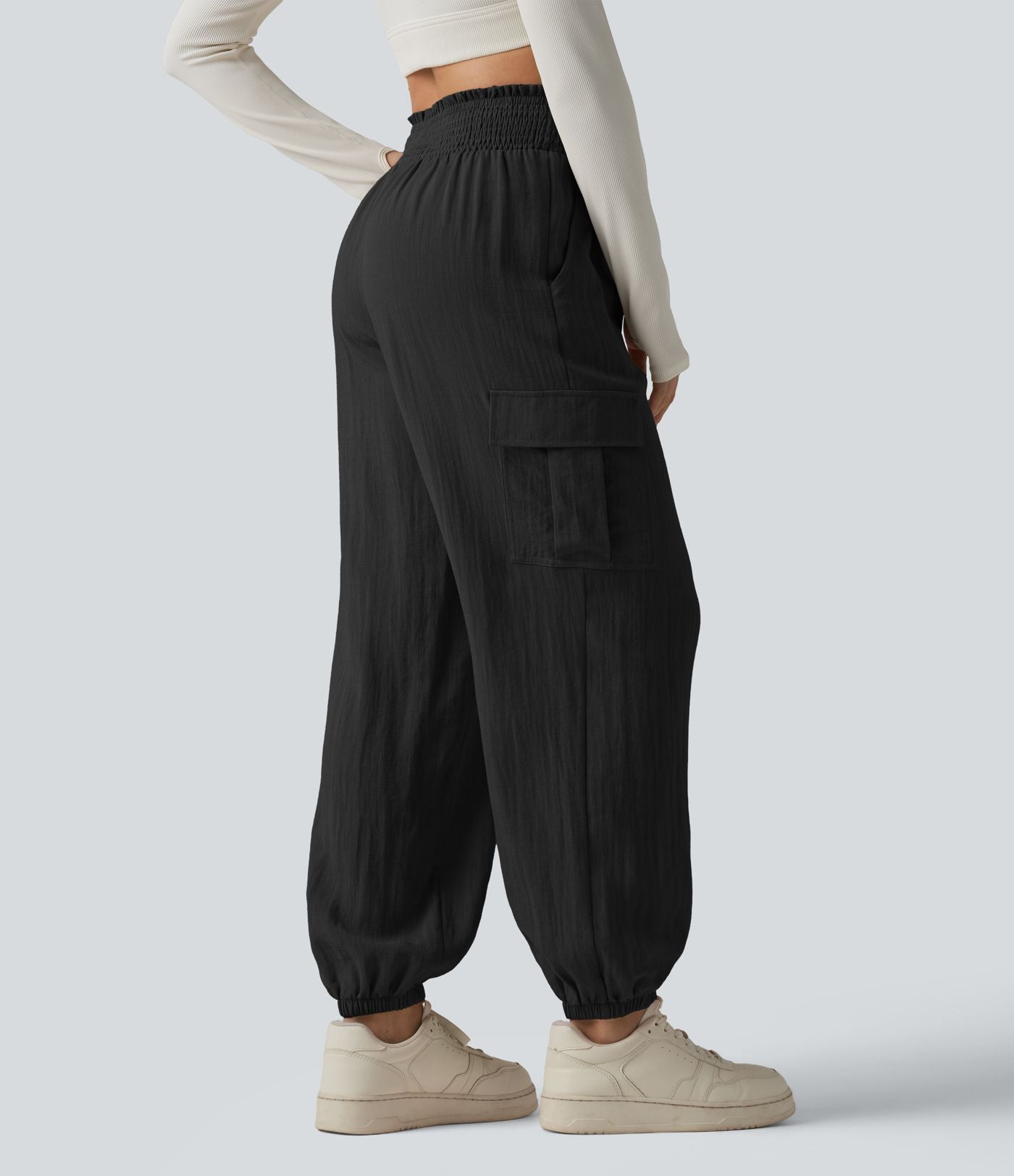 Pantalon cargo décontracté taille haute froncé, aspect lin, avec poches