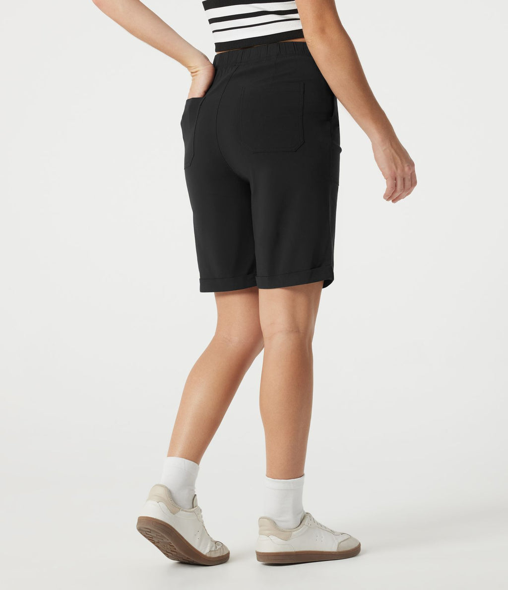 Bermuda casual taille haute en lin stretch avec ourlets retroussés et poches