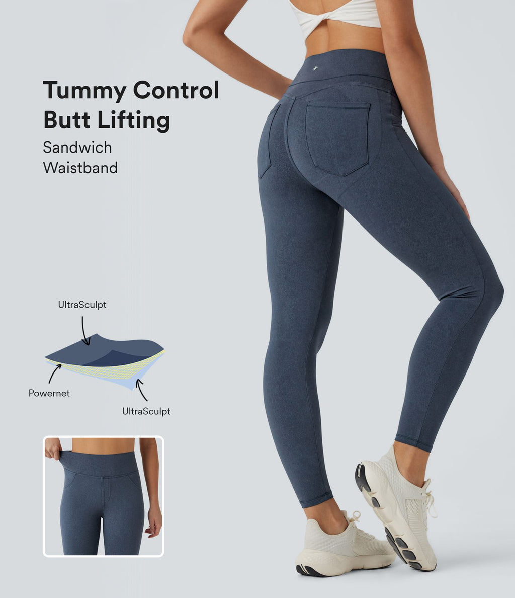 Legging de yoga gainant galbant taille haute imprimé denim avec poches Halara UltraSculpt™
