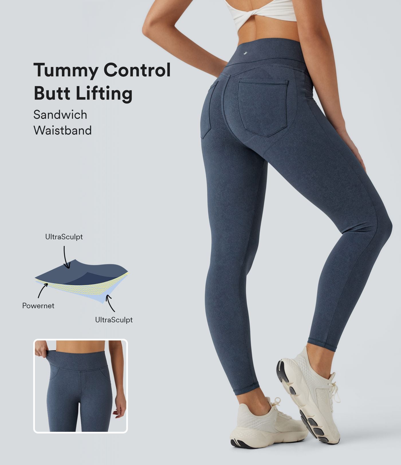Legging de yoga gainant galbant taille haute imprimé denim avec poches Halara UltraSculpt™