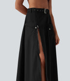 Jupe longue décontractée taille mi-haute avec ceinture fermeture éclair fente et poches latérales