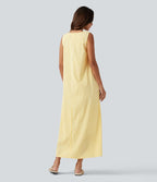 Robe débardeur midi décontractée col rond sans manches en vichy froissé avec poches