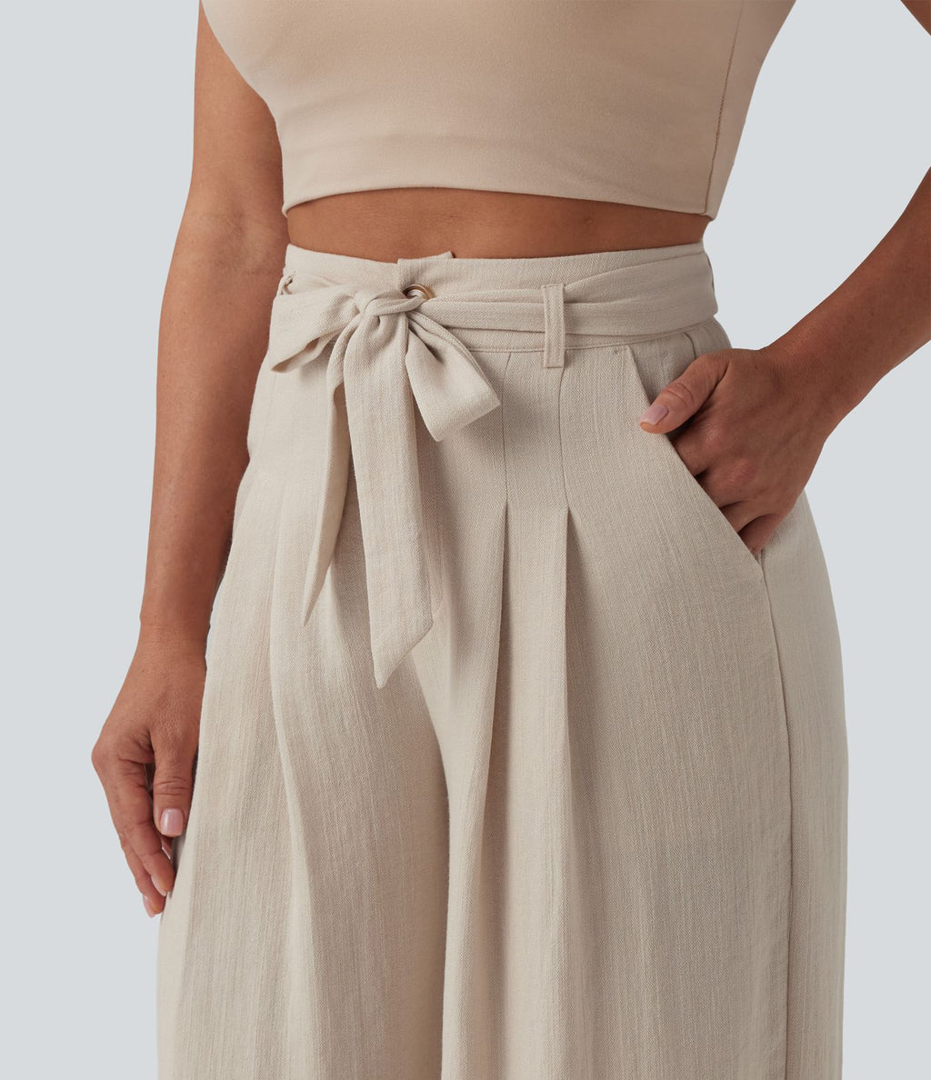 Pantalon casual ample taille haute aspect lin avec ceinture et poches