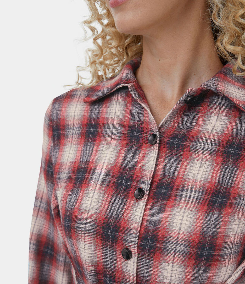 Robe Casual de Mini à Carreaux avec Col Boutons et Nœud à l'Avant