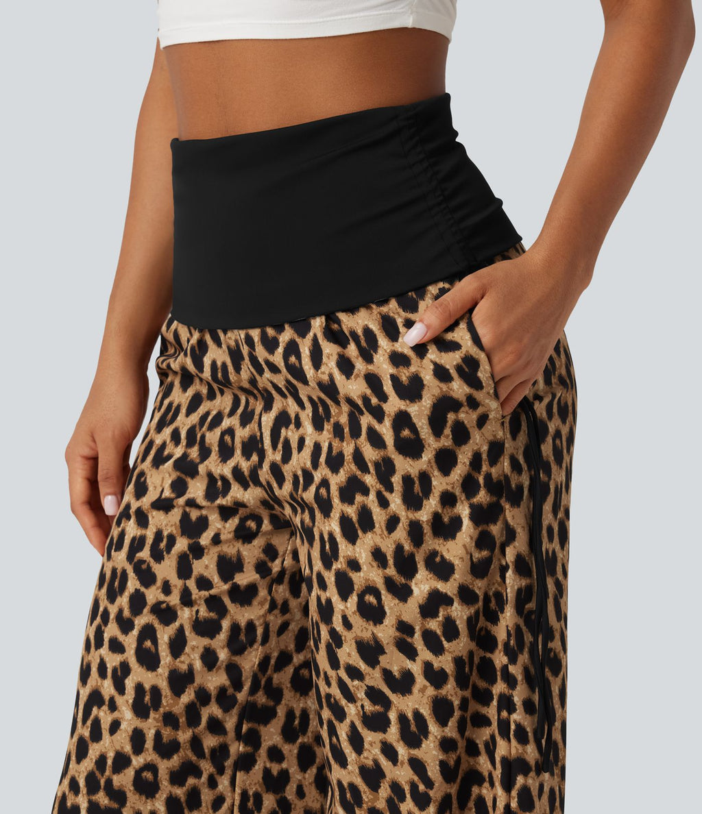 Pantalon baggy casual à imprimé léopard taille haute à revers avec fronces, cordon et poches