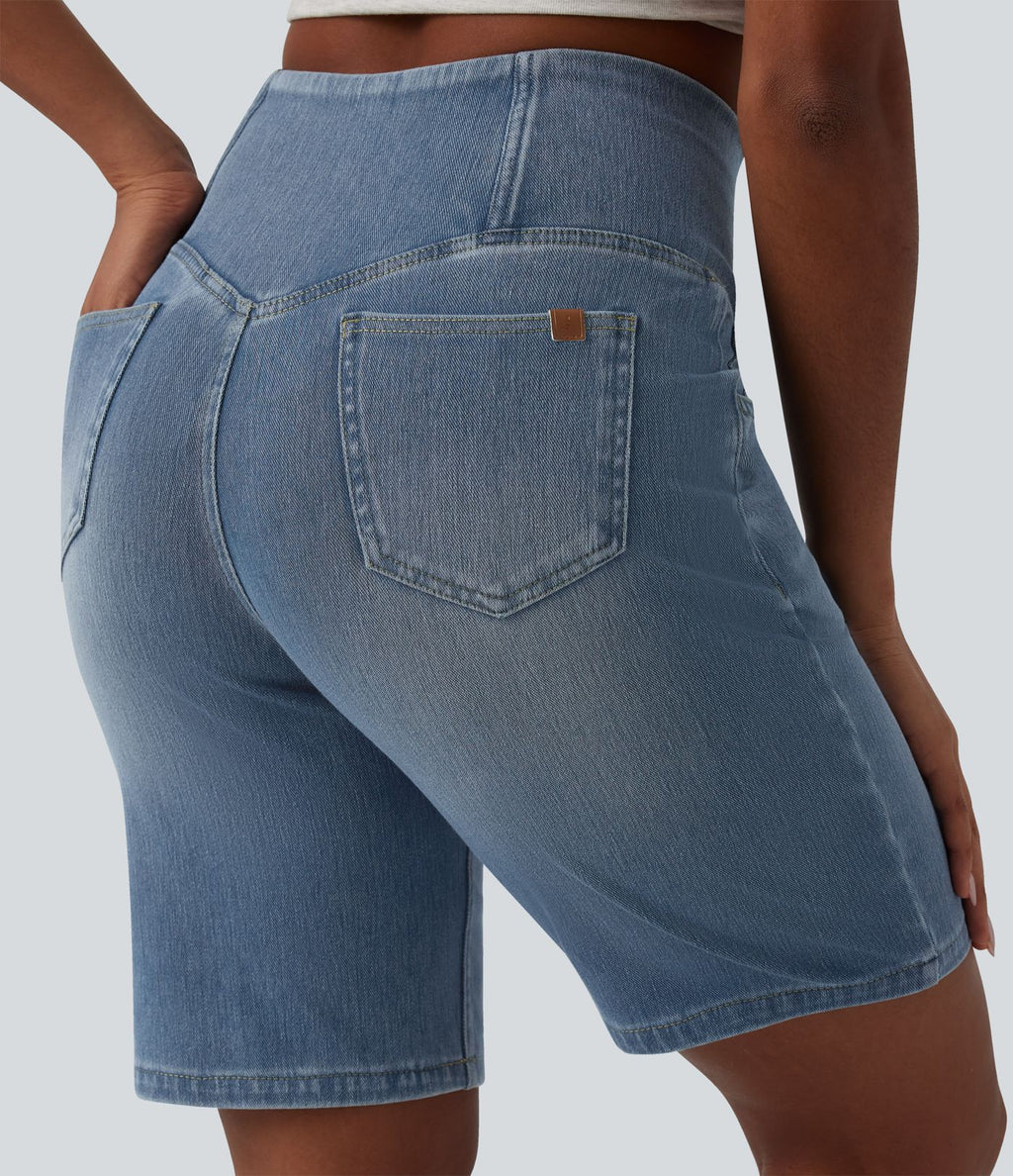 Short en jean Halara Flex™ casual gainant taille haute croisée avec poches