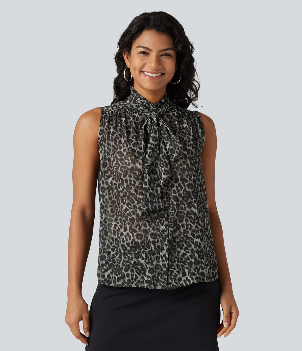 Blouse de travail en mousseline col cheminée avec nœud, sans manches, imprimé léopard