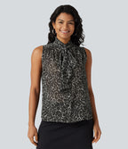 Blouse de travail en mousseline col cheminée avec nœud, sans manches, imprimé léopard
