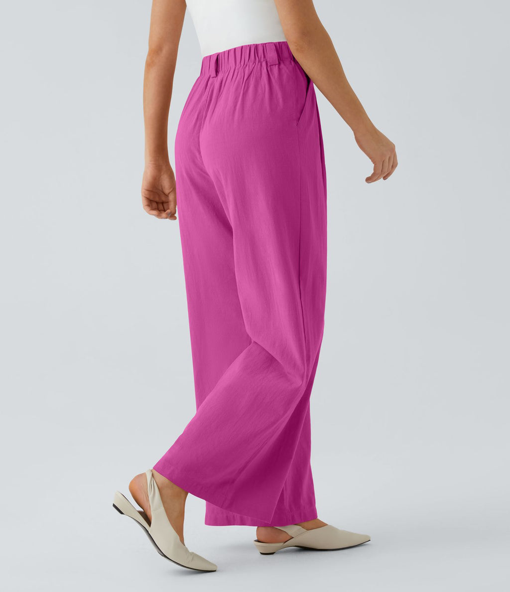 Pantalon Fluide Large Taille Haute Poches Latérales Palazzo Solide Casual Linen-Feel