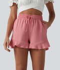 Short ample vacances taille haute cordon de serrage ourlet à volants aspect lin avec poches