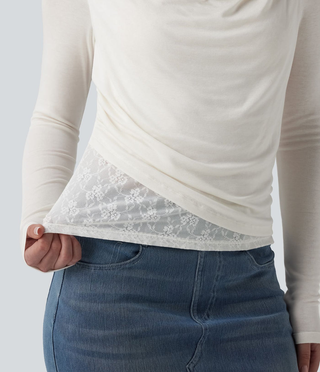 Haut décontracté côtelé col drapé manches longues dentelle contrastante