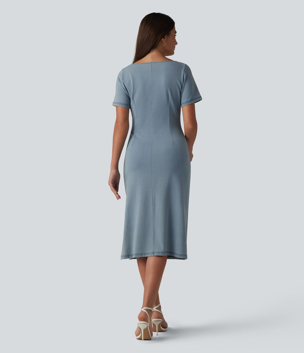 Halara Flex™ Robe casual mi-longue en jean col bateau à manches courtes, froncée avec fente