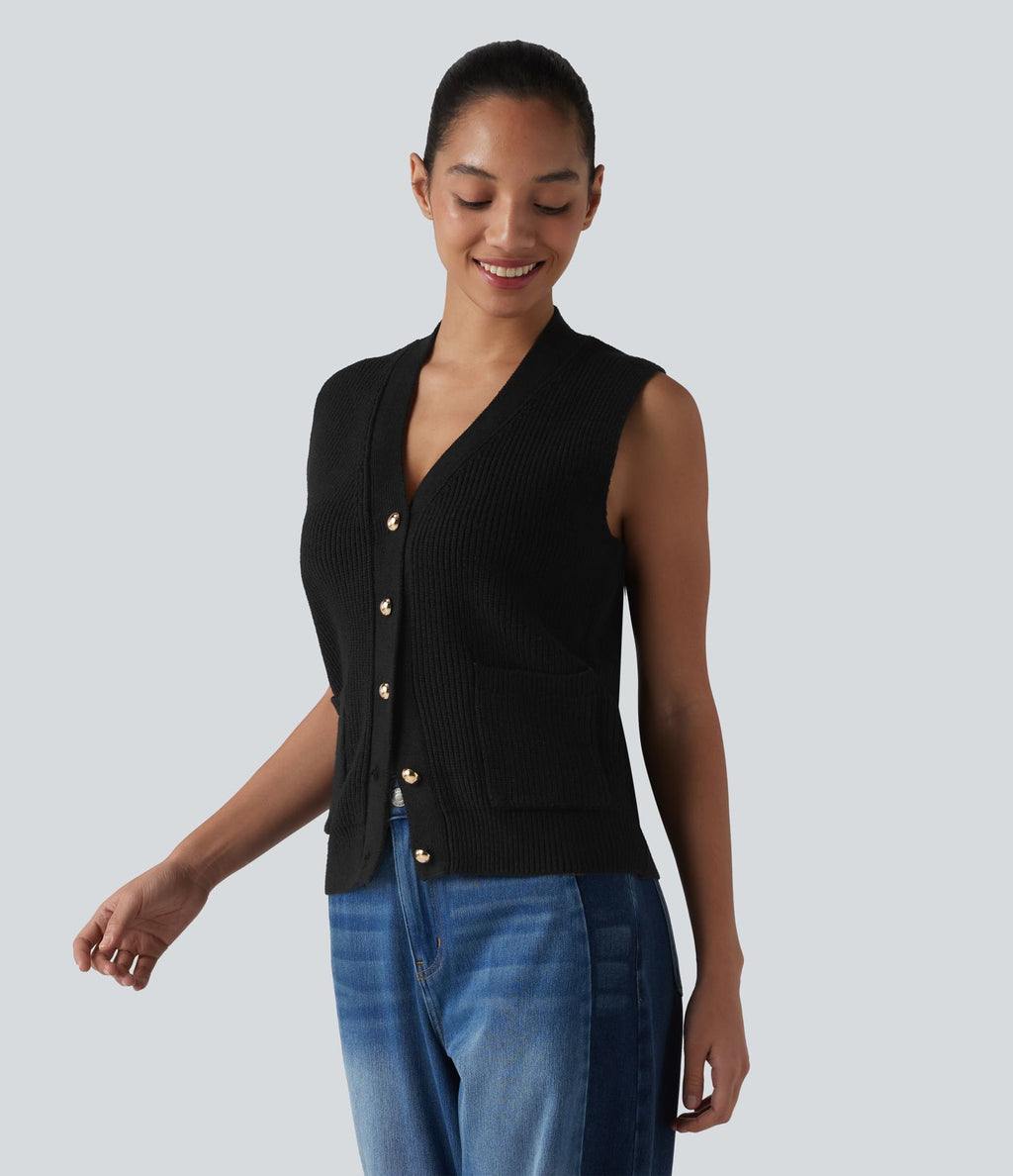 Gilet casual en maille col V boutonné, avec poches