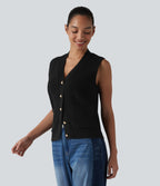 Gilet casual en maille col V boutonné, avec poches