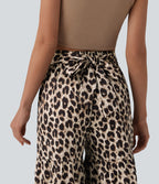 Pantalon ample décontracté taille mi-haute avec nœud devant imprimé léopard avec poches