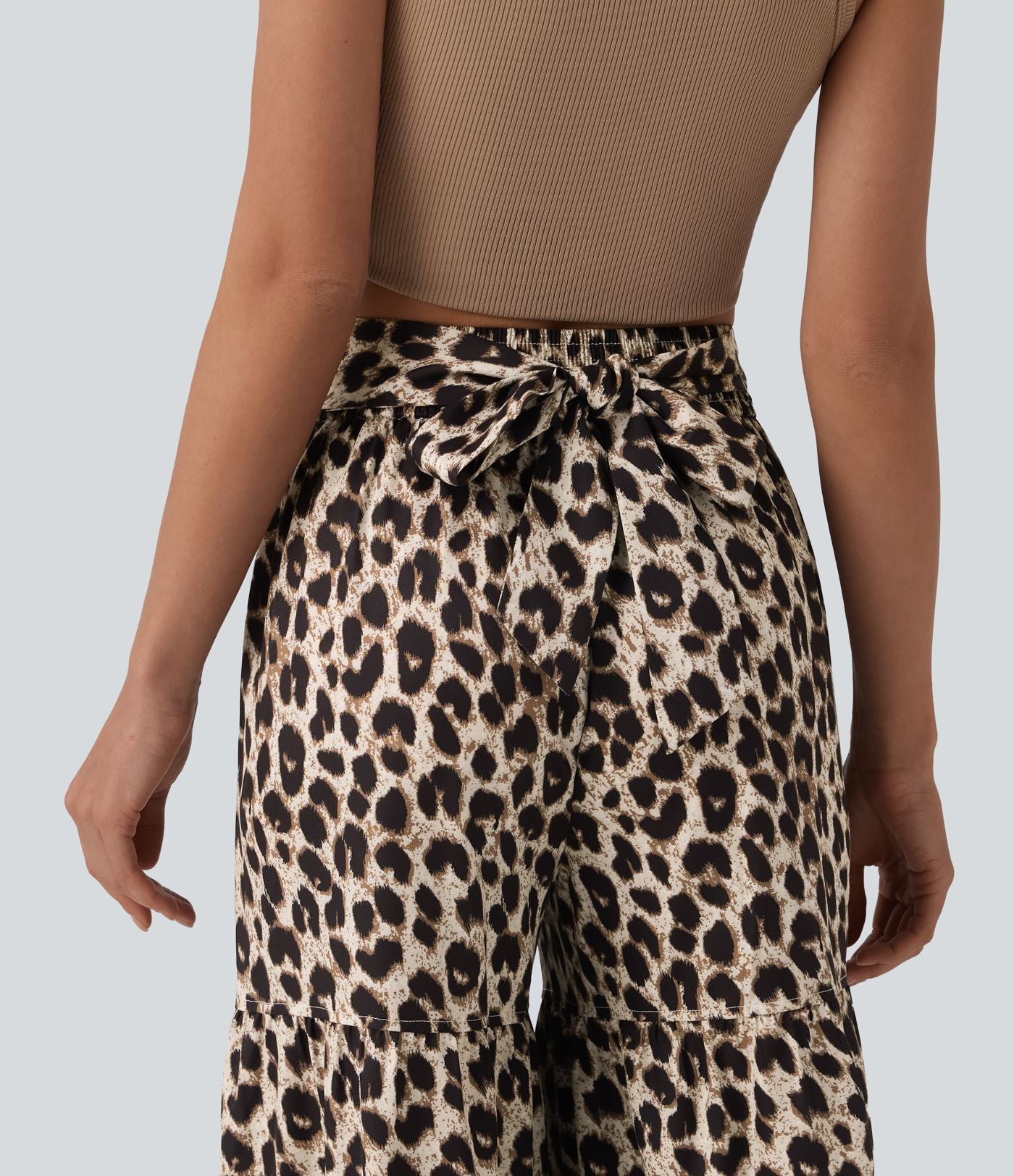 Pantalon ample décontracté taille mi-haute avec nœud devant imprimé léopard avec poches
