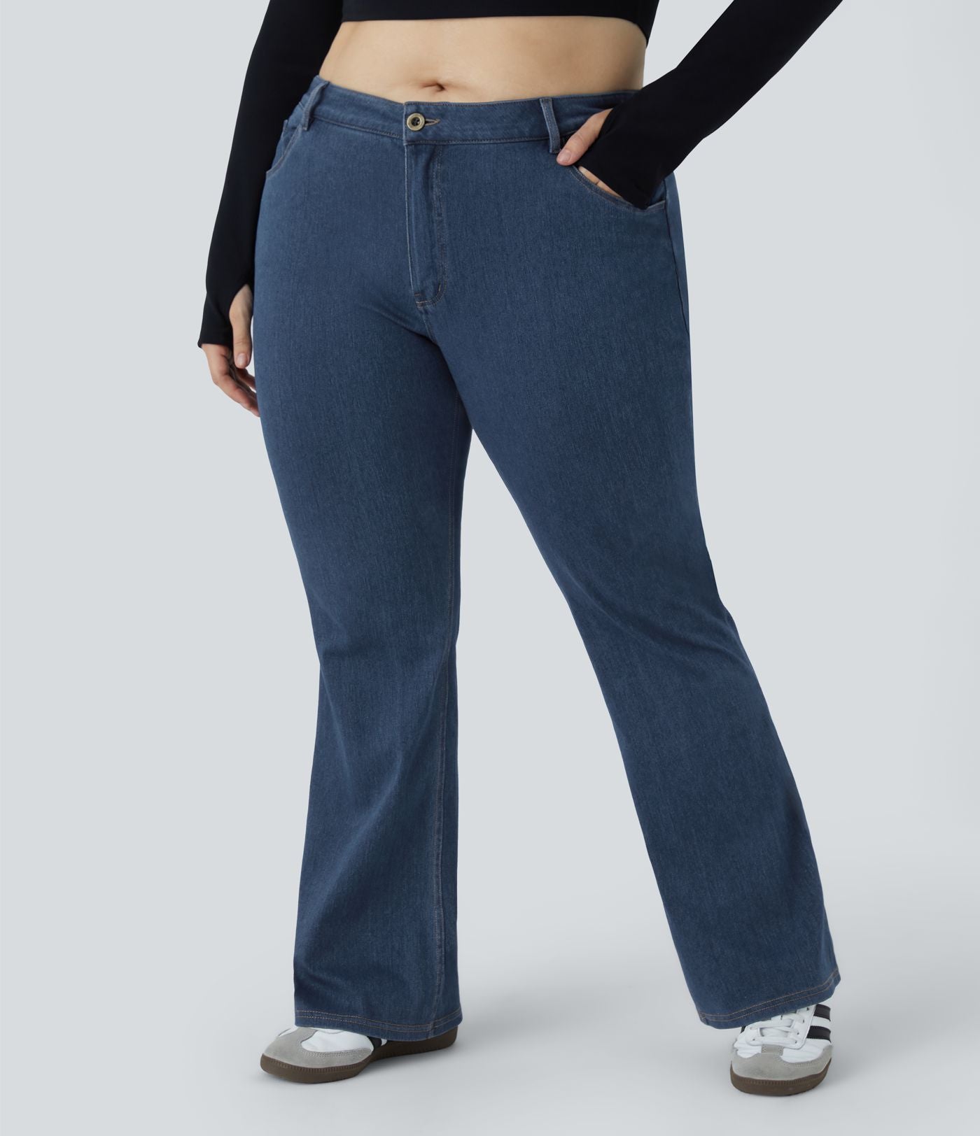Halara Flex™ Mid Rise Button Pockets Stretchy Knit Casual Slight Flare Plus Size Jeans