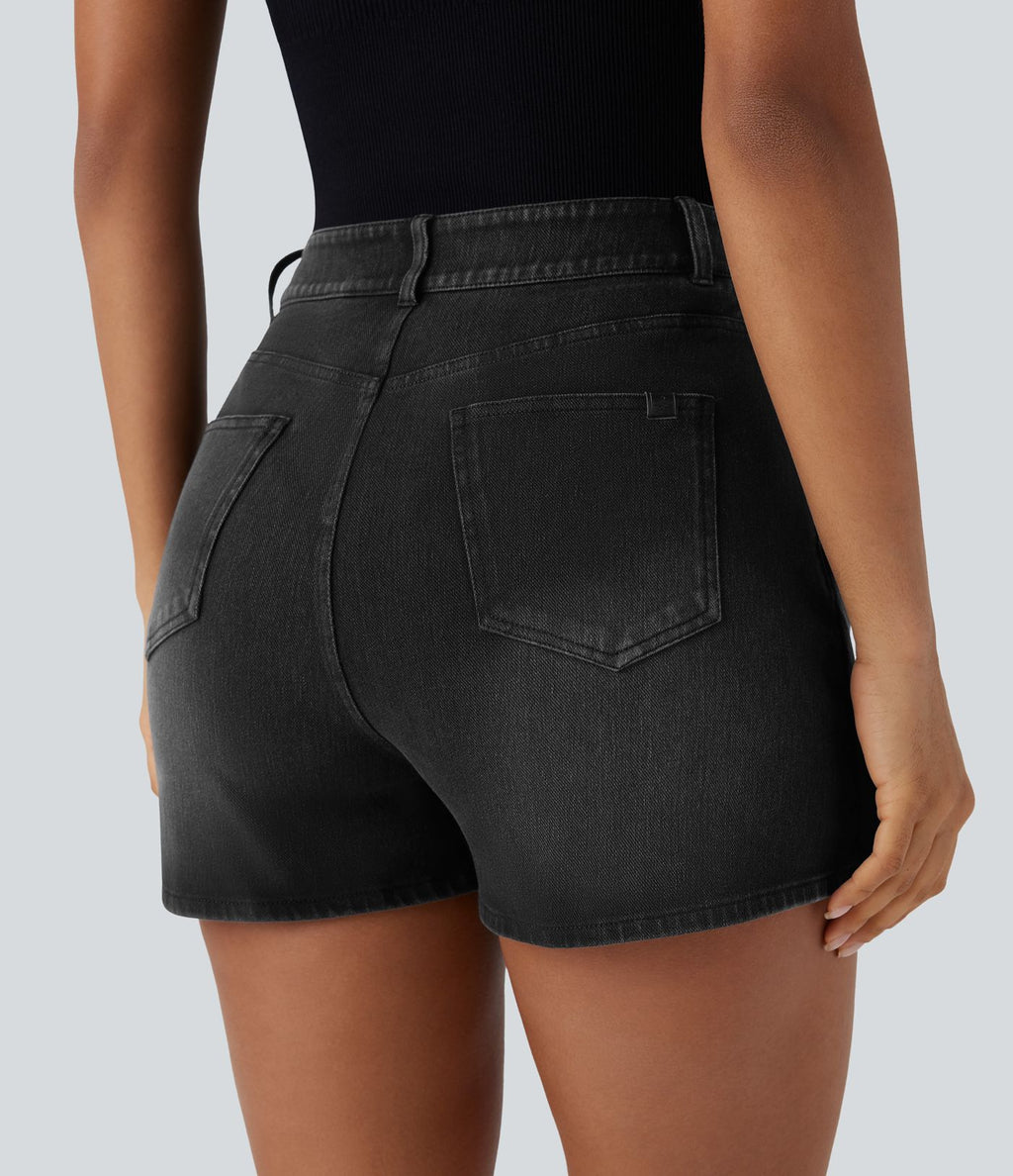 Halara Flex™ Short décontracté en jean extensible effet délavé à taille haute avec poches multiples et détail enveloppant