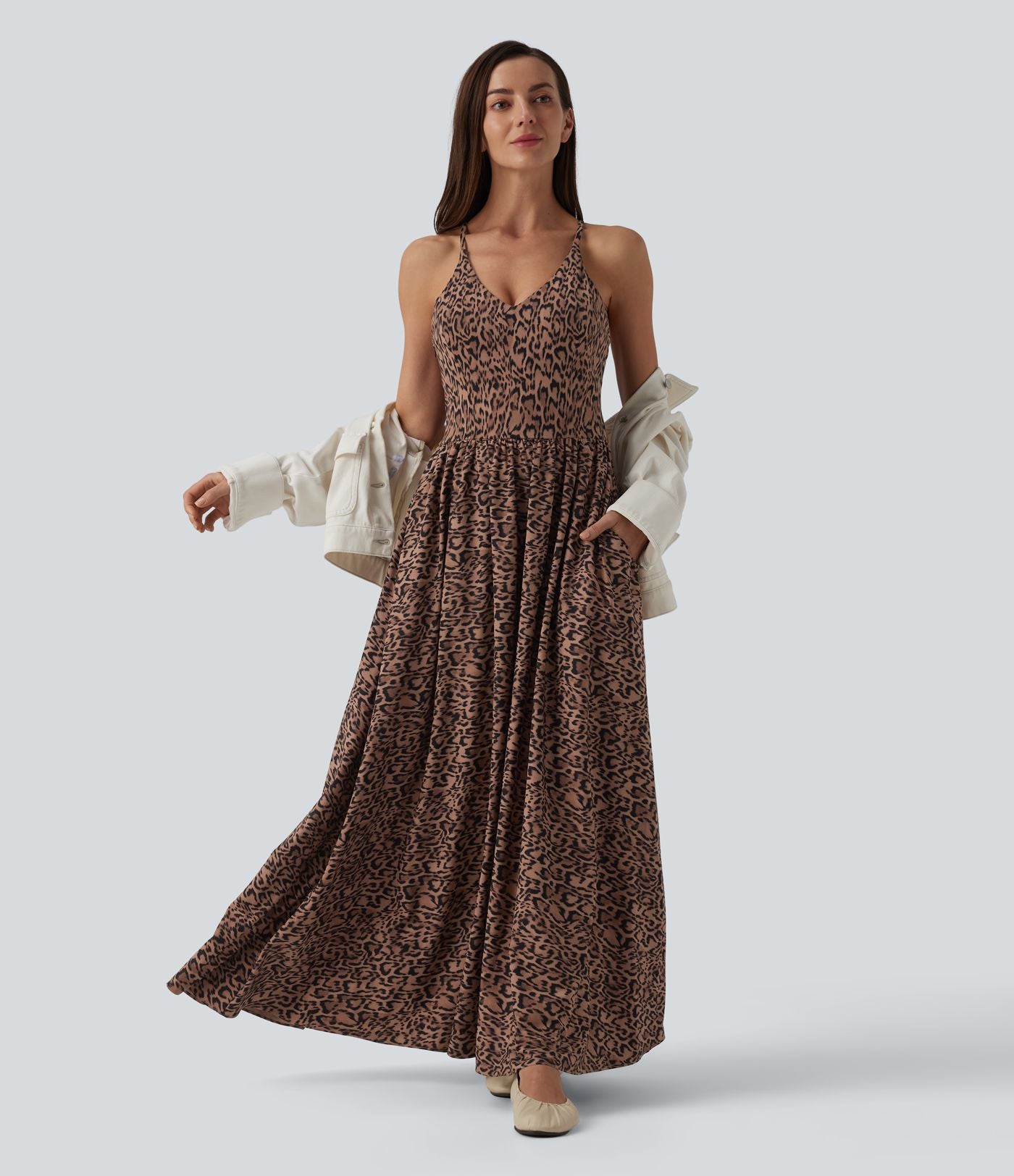 Robe longue fluide décontractée à bretelles avec poches