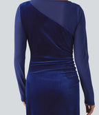 Robe de soirée midi en velours col rond à manches longues froncée avec mesh contrastant