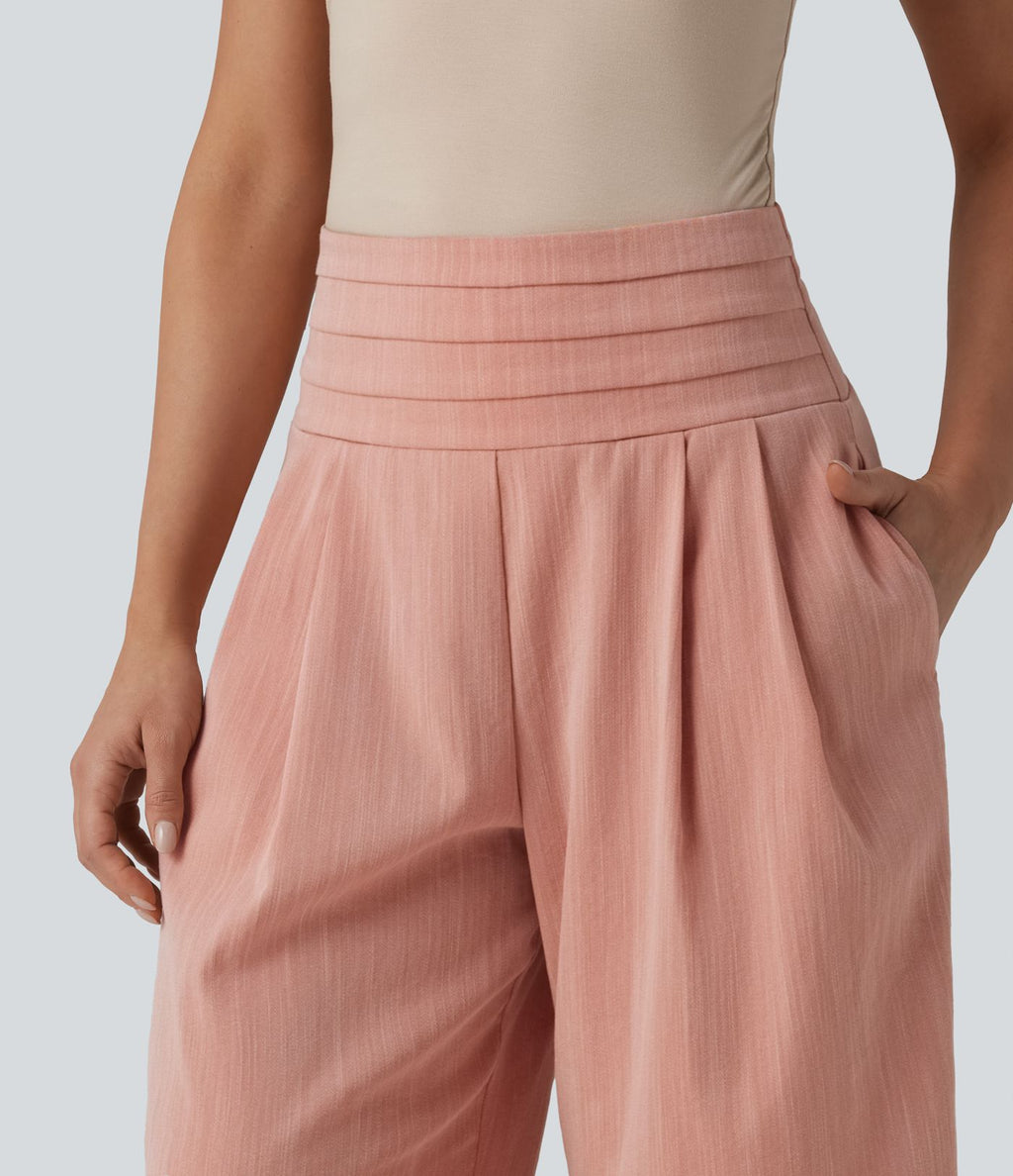 Pantalon large casual aspect lin taille très haute smocké réglable avec poches