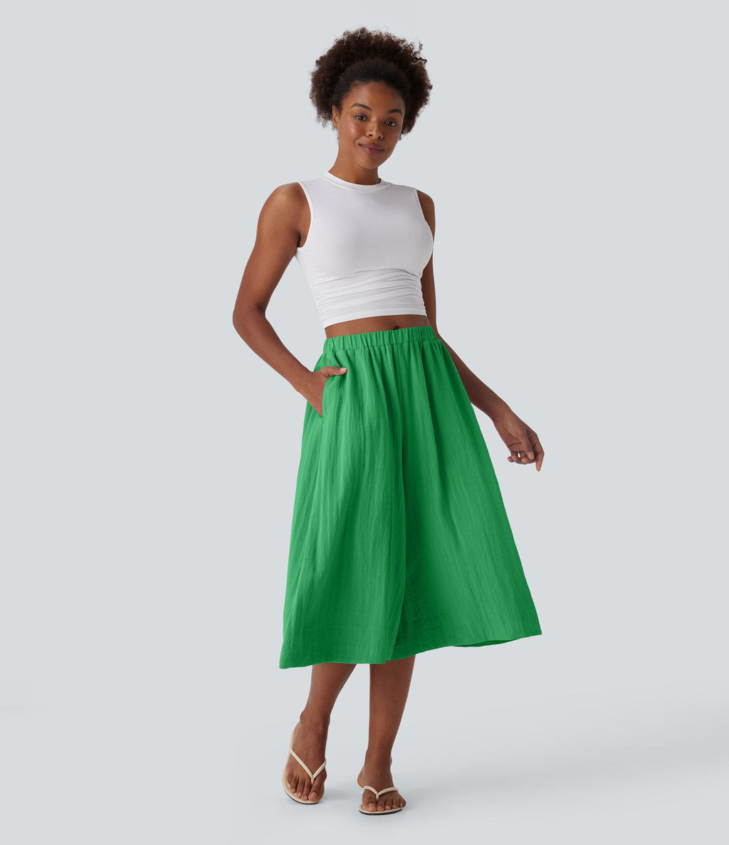 Pantalon fluide large taille mi-haute effet lin avec poche