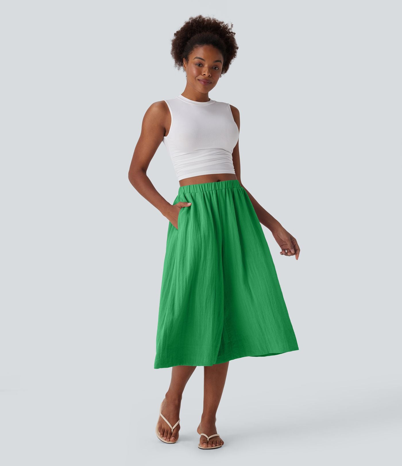 Pantalon fluide large taille mi-haute effet lin avec poche
