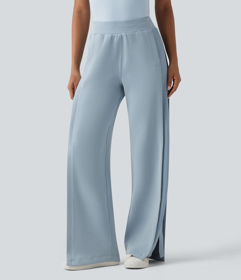 SpacerTek™ Pantalon large fluide décontracté taille haute avec cordon de serrage intérieur, côtes contrastées, fentes et poches