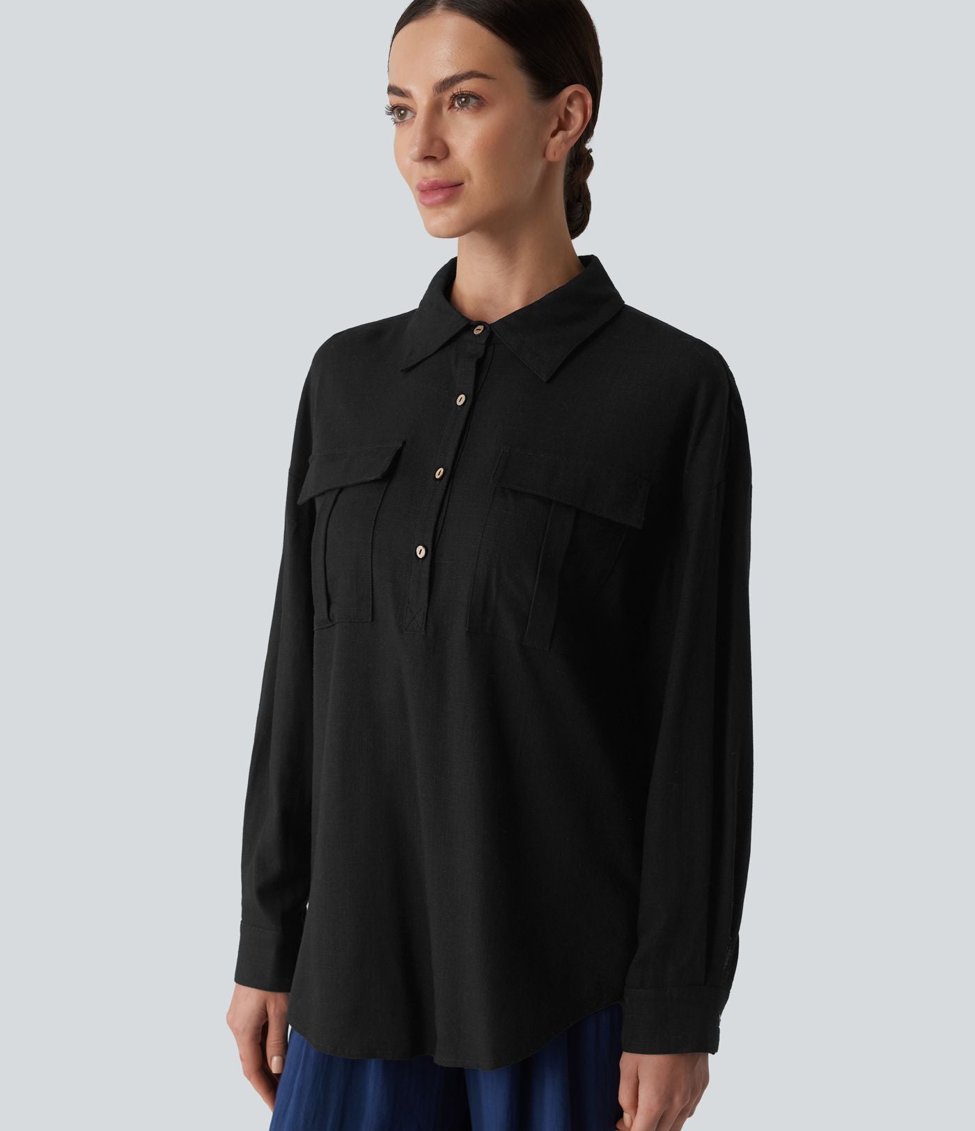 Chemise décontractée en lin col ourlet arrondi manches longues boutonnée avec poches