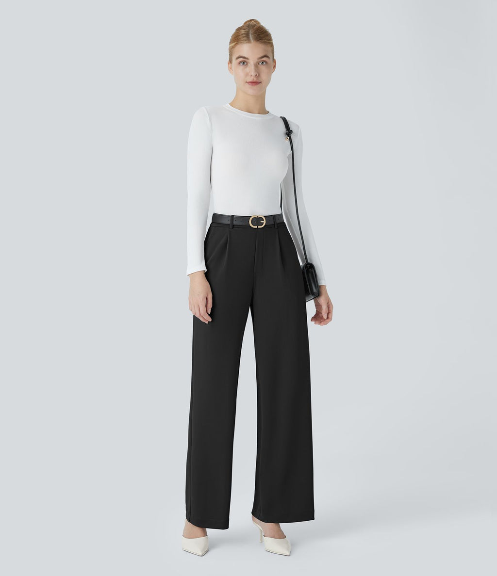 Halara Flex™ Pantalon Tailleur Droit à Taille Haute avec Pli Poches Latérales en Crêpe