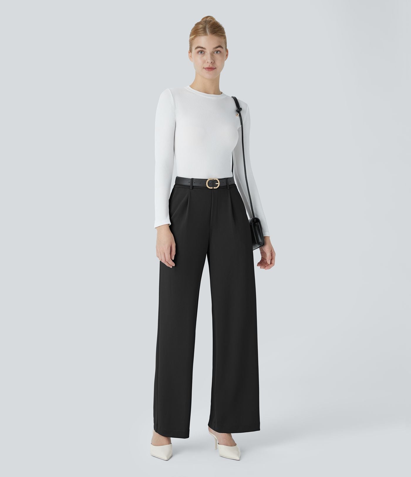Halara Flex™ Pantalon Tailleur Droit à Taille Haute avec Pli Poches Latérales en Crêpe