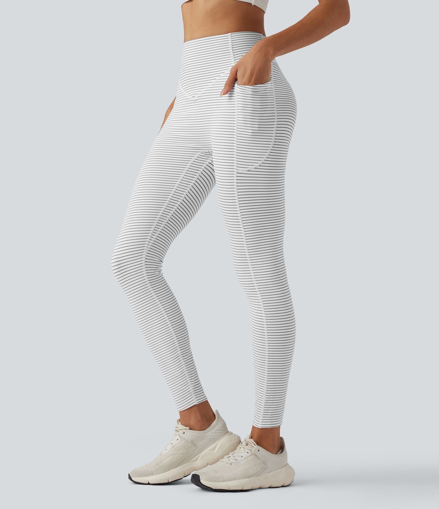 Legging de yoga 7/8 taille haute gainant à rayures et fronces avec poches