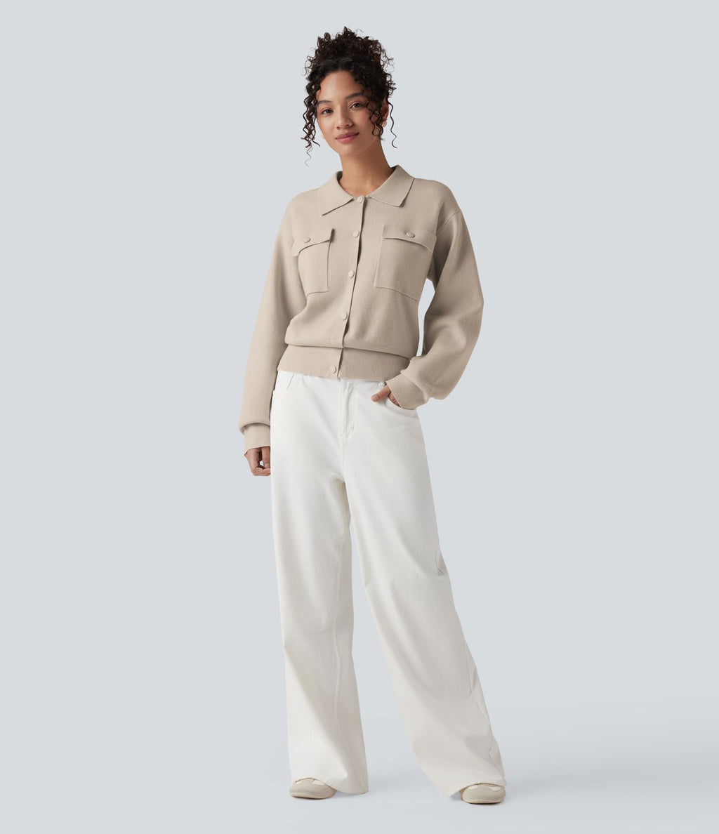 Pull décontracté à col chemise avec poches poitrine boutonnées