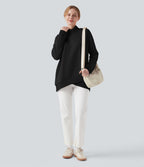 Sweat décontracté polaire col montant à manches raglan et ourlet croisé