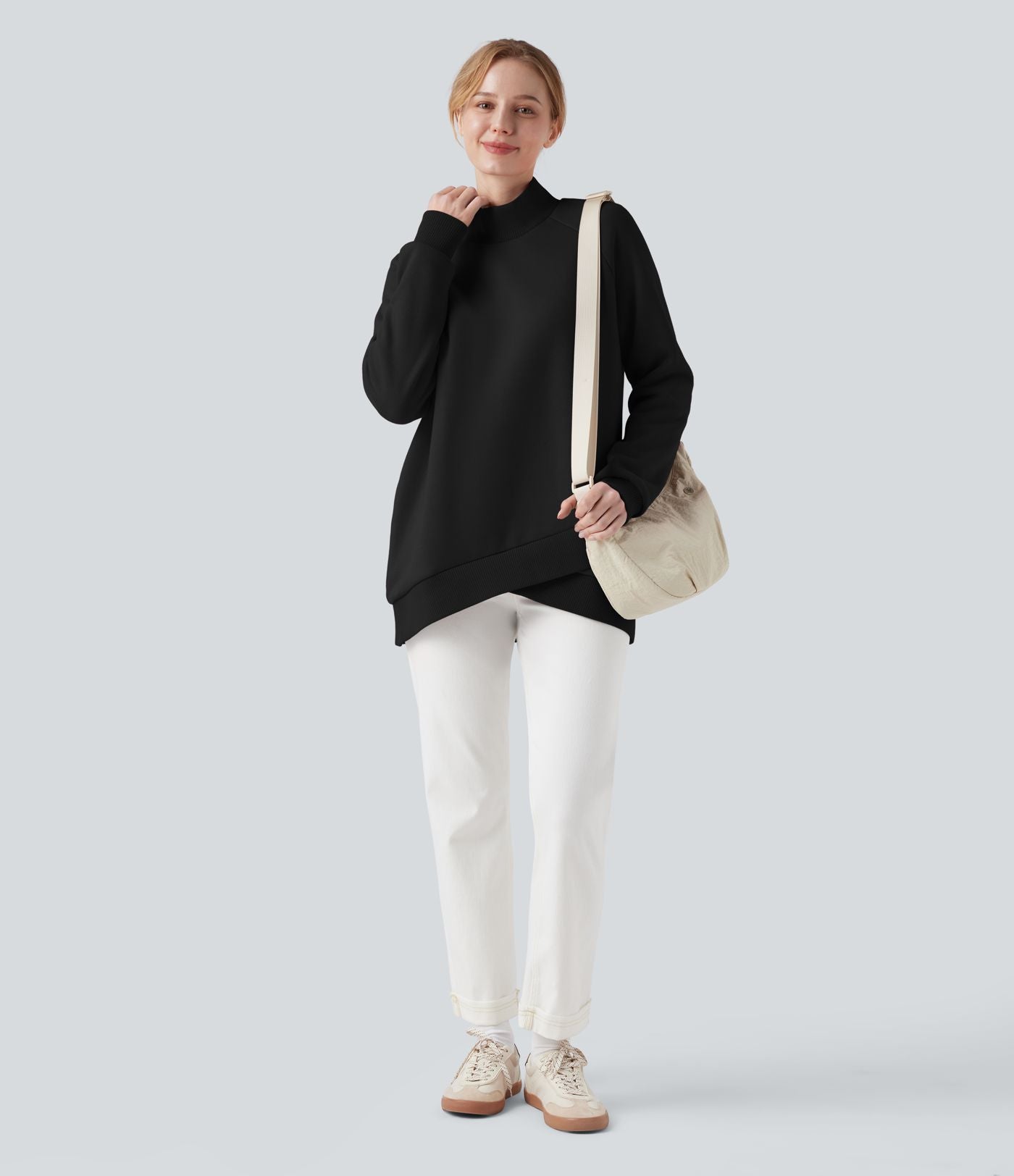 Sweat décontracté polaire col montant à manches raglan et ourlet croisé