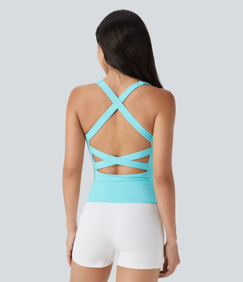 Débardeur de course crop top dos nu col carré bretelles croisées Softlyzero™ Airy Cool Touch - longueur rallongée - UPF50+
