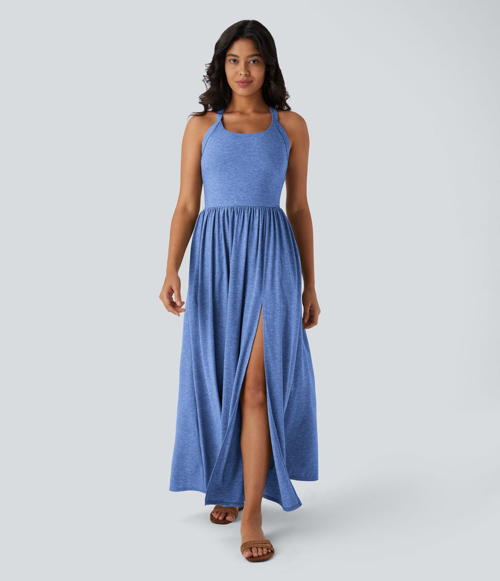 Robe longue fluide fendue avec poches latérales, dos nu et effet torsadé