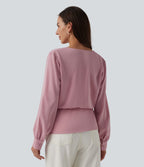 Blouse esprit bureau défroissage facile, col V cache-cœur avec boutons-pression, manches longues et coupe ample