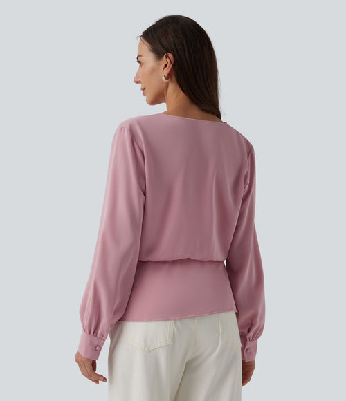 Blouse esprit bureau défroissage facile, col V cache-cœur avec boutons-pression, manches longues et coupe ample