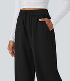 Pantalon décontracté jambe large taille haute avec cordon de serrage et poches