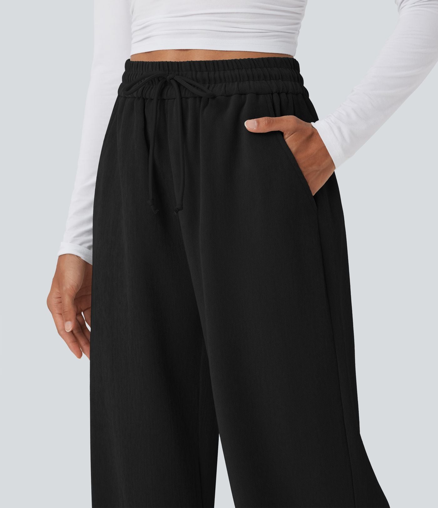 Pantalon décontracté jambe large taille haute avec cordon de serrage et poches