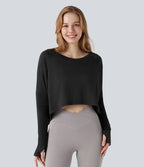 Top de sport running asymétrique col rond coupe décontractée manches longues avec trous pouces