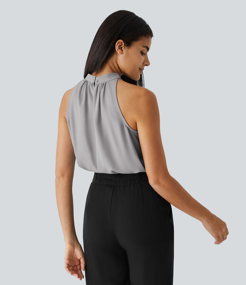 Blouse Travail Sans Manches Ourlet Courbé Col Haut Découpe au Dos Plis