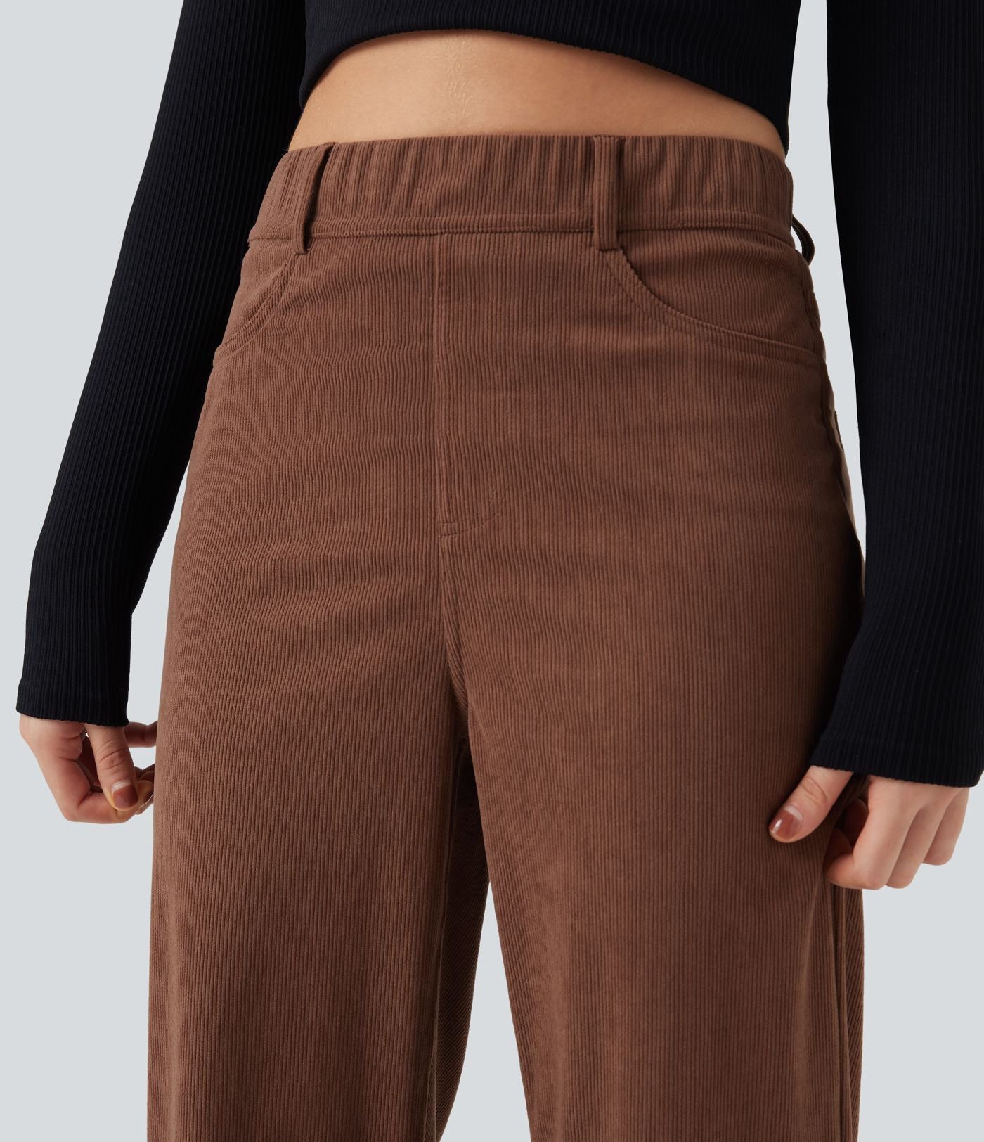Pantalon décontracté droit en velours côtelé, taille haute, gainant, avec poches