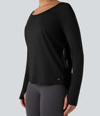 Top de sport yoga SoftlyZero™ Airy mesh contrastant à découpes manches longues avec trous pouces - UPF50+