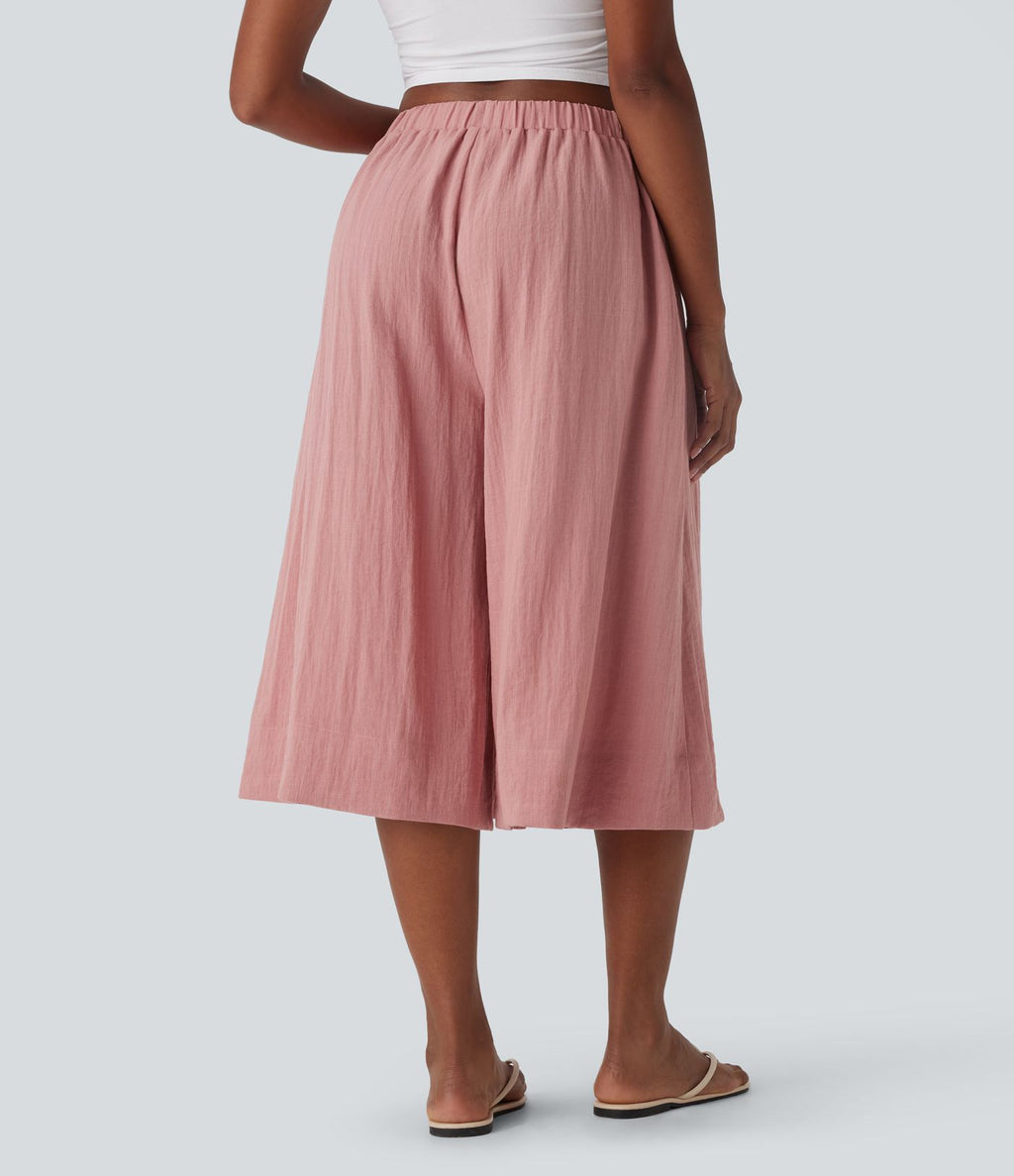 Pantalon fluide large taille mi-haute effet lin avec poche