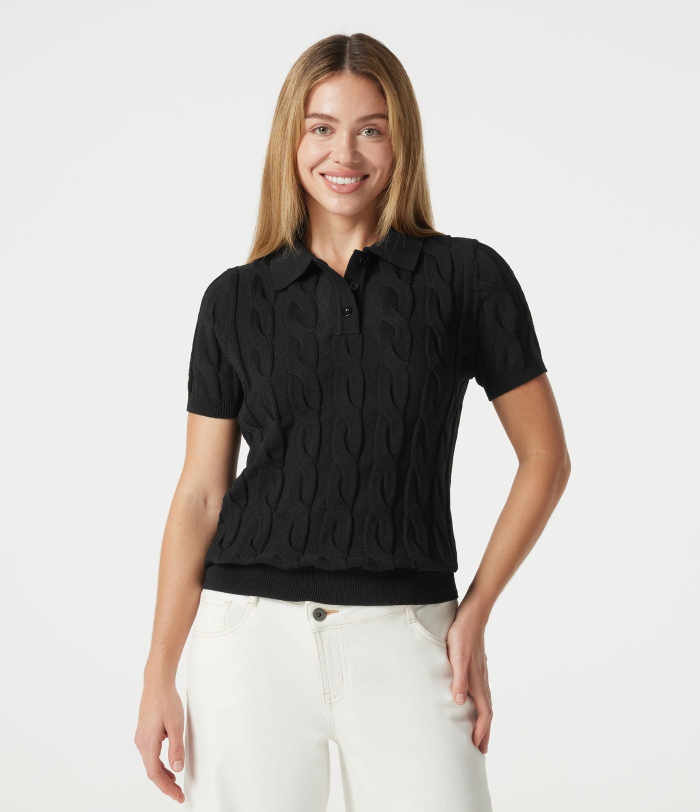 Pull polo décontracté en maille torsadée à manches courtes