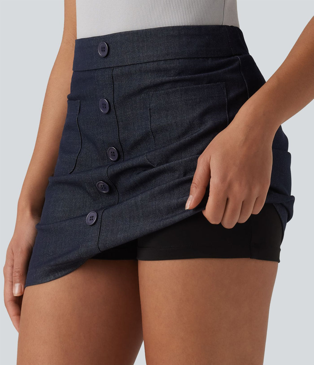 Jupe mini casual 2-en-1 moulante taille haute effet denim avec fermeture éclair invisible et poches